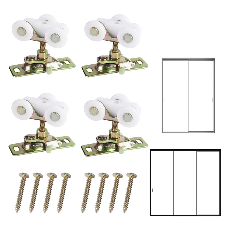 4Pcs Sliding Pocket Door Rollers Assembly for Johnson Part Hardware Kit, Sliding Door Wheels Replacement Part with Top Hanger for Bypass, Closet Doors