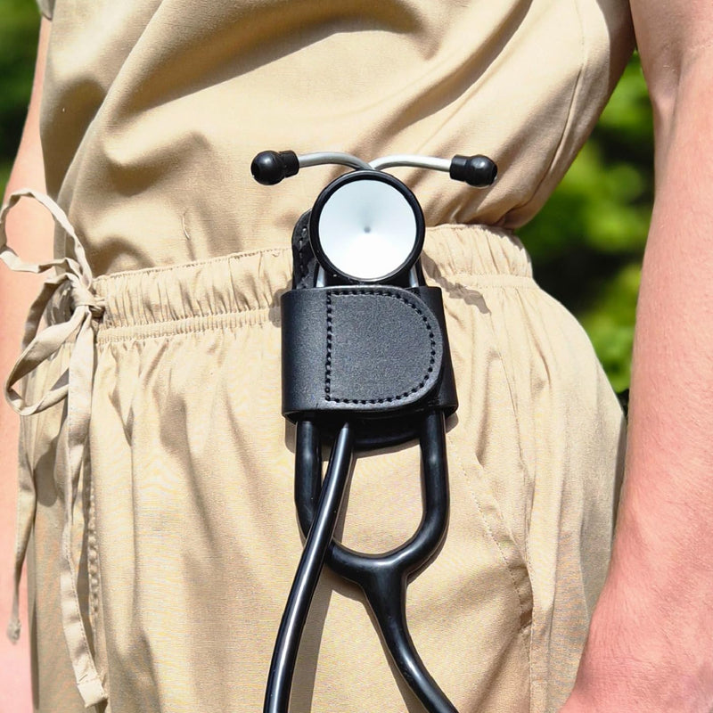 – The Original Leather Stethoscope Holder | Handmade in Maine | Sturdy Hip Clip | No More Neck Carrying or Loss (Black) Black