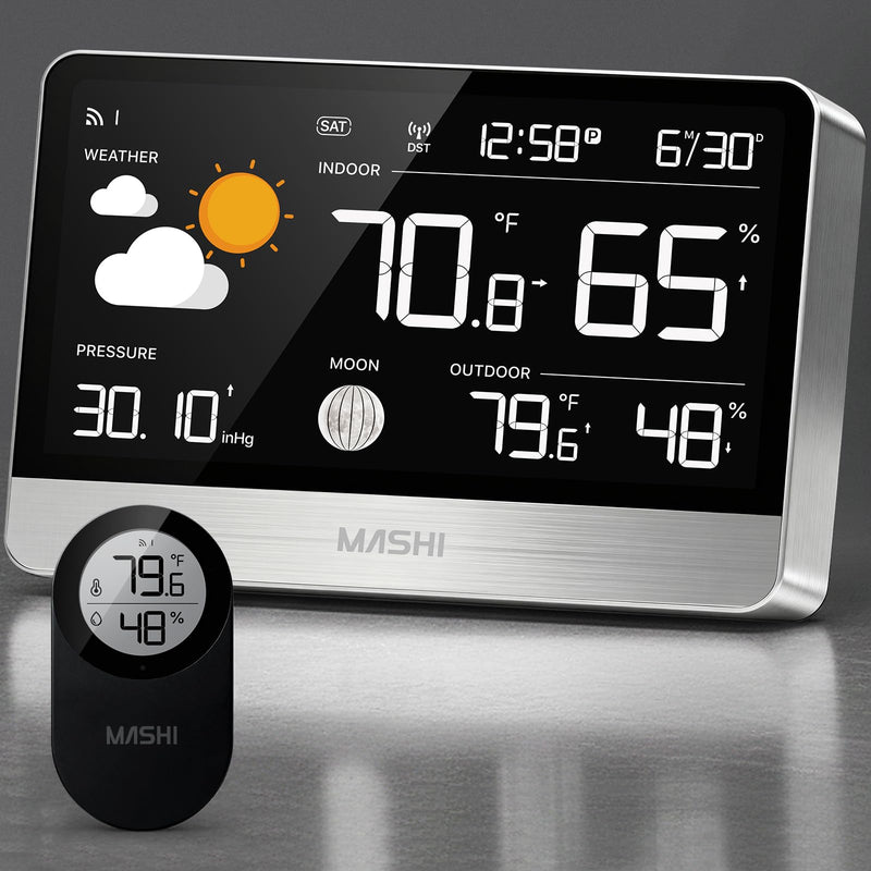 MASHI Weather Station Wireless Indoor Outdoor Thermometer, Digital Weather Thermometer with Atomic Clock,8.8" Display Home Weather Stations with Weather Forecast, 5-Level Brightness,Silver
