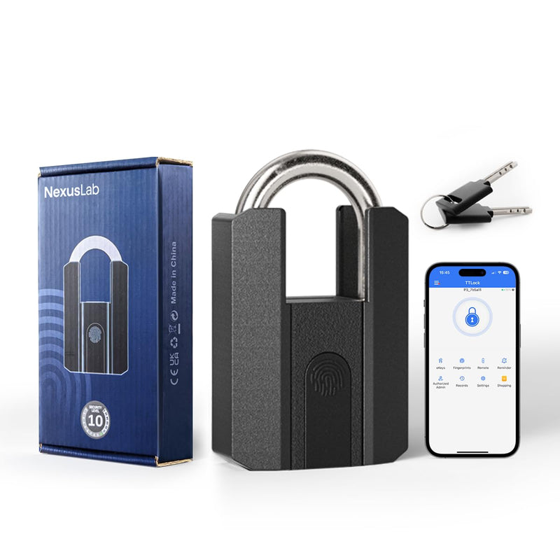 NexusLab Heavy Duty Fingerpint Padlock with Key, Gate Locks for Outdoor Fence, Biometric Padlock, Weatherproof Bluetooth APP Digital Combination Lock for Gate, Outdoor Fence, Storage Unit, Shed, Pool