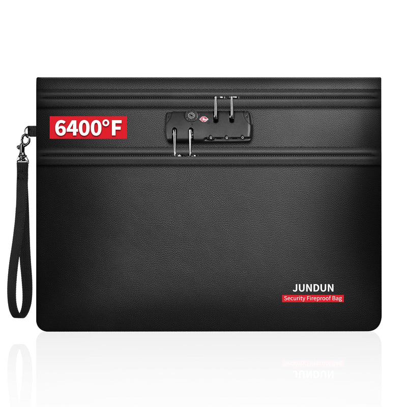 JUNDUN Fireproof Document Bag with Lock (14.2" x 10.2"), 6400℉ Fireproof Money Bag for Cash with 12 Layers Heat Insulated, Dual Zipper Fire Safe Pouch for Important Documents and Valuables Black 14.2" x 10.2"