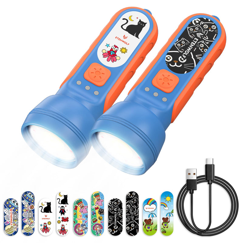 ETENWOLF L1 Rechargeable Flashlight for Kids(2-Pack),LED Flashlight with Fun DIY Stickers, 6 Light Modes, Adjustable Brightness, 1500mAh, IPX5 Waterproof Flashlight for Camping, Home & Emergency 2