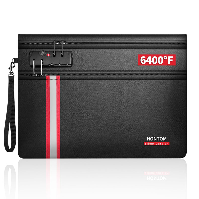 HONTOM Fireproof Document Bag,6400℉ Upgraded Material Fireproof Water Resistant Money Bag with Lock,Home Fire Safe Storage Bag Pouch for Letter Size Documents,Passport and Cards Black Large