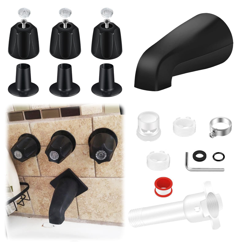 Tub Shower Trim Kit – 3 Piece Shower Knob (Included Flange Base) with 4-in-1 Tub Spout Adapter – Compatible with Pfister Verve & 3-Handle Bathtub Faucets – Fits 1/2" & 3/4" IPS Connections Shower Knob + Tub Spout + Base Matte Black