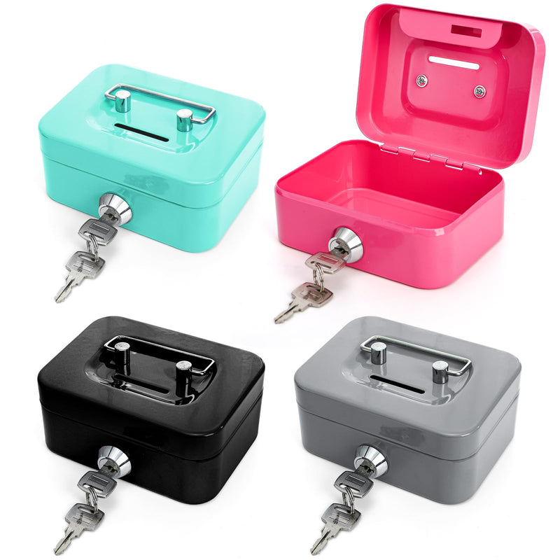 4 Pack Mini Cash Box, Small Metal Money Box with Key Lock, 4.5"L × 3.3"W × 2"H Durable Safe Coin Organizer Bank for Christmas New Year Gift