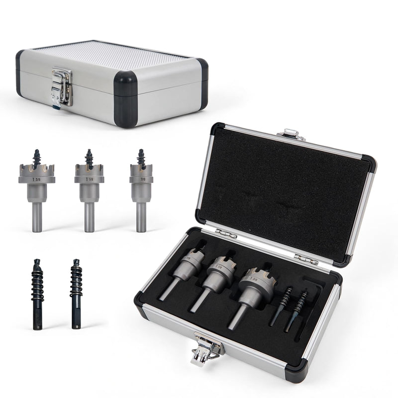 5PCS Carbide Hole Cutter Kit, Hole Saw Set with 2 Pilot Drill Bits & Aluminum Storage Case, 7/8", 1-1/8", 1-3/8" Metal Hole Saw Kit for Stainless Steel, Sheet Metal, Iron, Aluminum & Electricians 5
