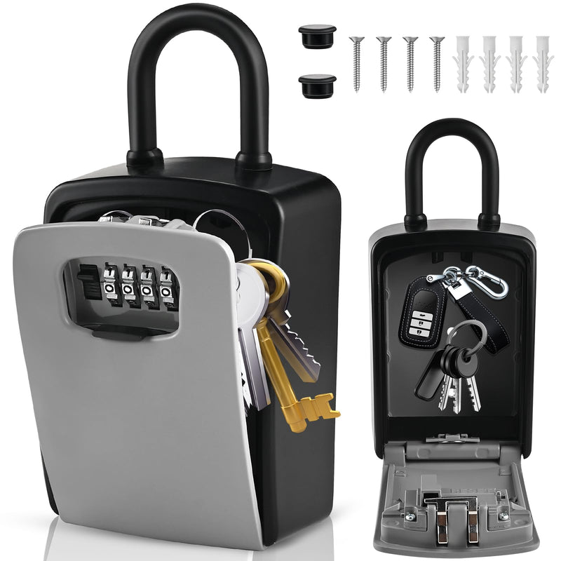 XXL Large Key Lock Box, 5.5”x4.1”x2.1” Waterproof Kirsite Combination Lockbox for Keys Outdoor, Portable Key Lock Box Wall Mount with Code (1 Pack, Black-Gray) 1pcs-XXL