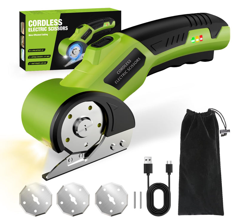 Cordless Electric Scissors,4V Rechargeable Cardboard Cutter Heavy Duty Scissor with Safety Lock & LED Light for Box Carpet Plastic Fabric(Green)