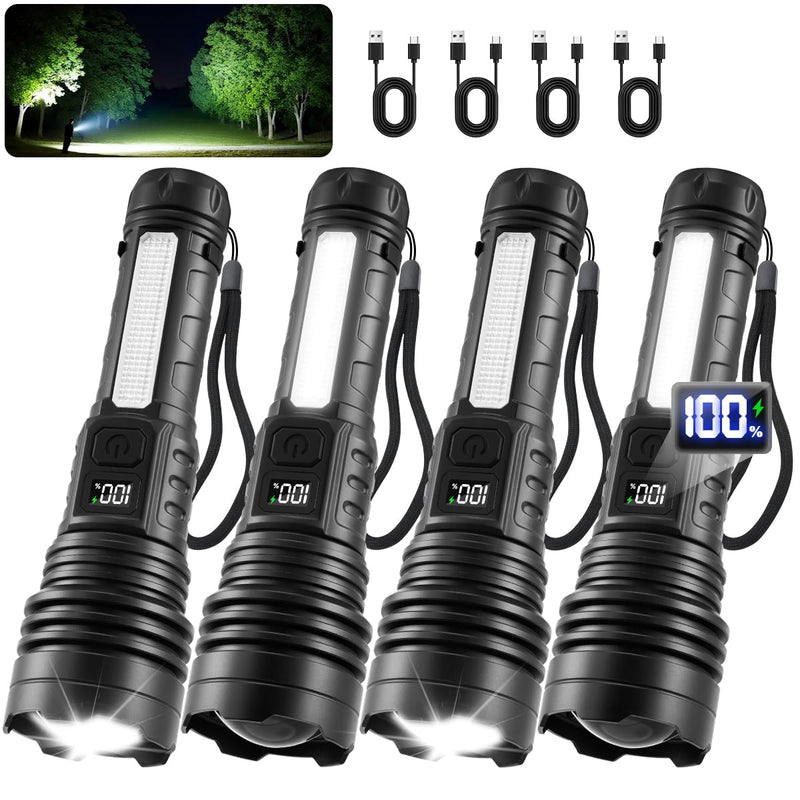 4Pack Flashlights High Lumens 9900FL, 7Mode Flashlight Rechargeable with LCD Digital Display, Rechargeable Flashlights with COB Light, Adjustable Super Bright Flashlight, Powerful Tactical Flash Light 4Pack