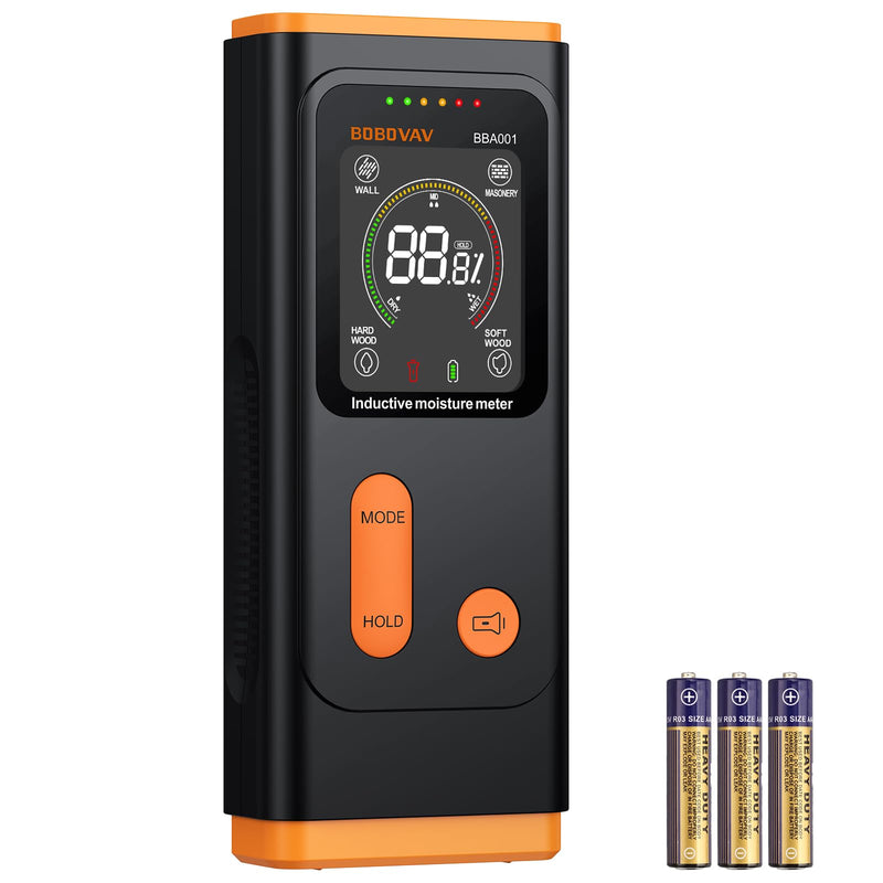 Pinless Moisture Meter with 4 Material Modes & 3- Color Alert, Non‑Destructive Moisture Detector with VA Color Display & Flashlight for Wall, Masonry, Softwood, Hardwood