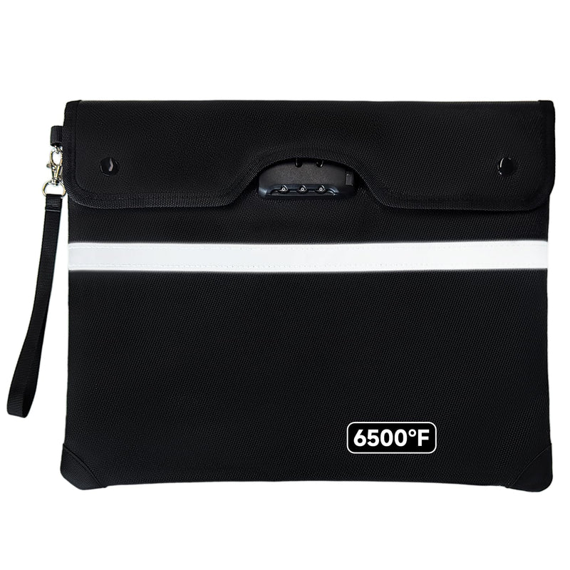 Upgraded 6500°F Fireproof Document Bag with Lock, Waterproof 9-Layer Heat Insulated | Dual-Liner Card Slot Money Bag with Zipper/Reflective Strip for Passport, Important Paper, Cash(15 x 12In) Black