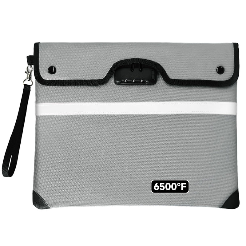 Upgraded 6500°F Fireproof Document Bag with Lock, Waterproof 9-Layer Heat Insulated | Dual-Liner Card Slot Money Bag with Zipper/Reflective Strip for Passport, Important Paper, Cash(15 x 12In) Grey