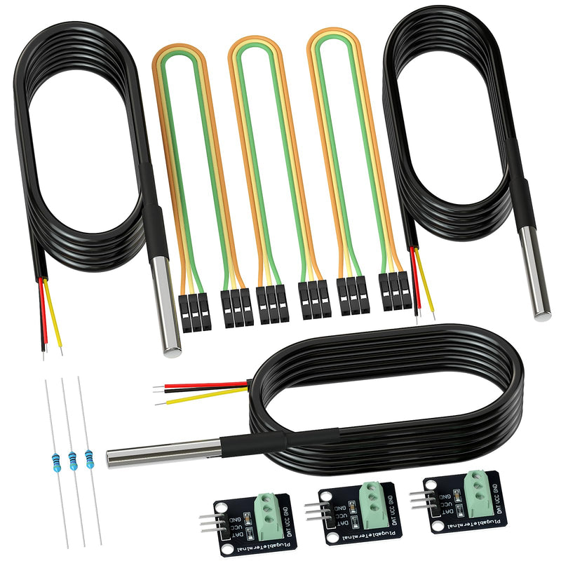 DROK 3 Pack Waterproof DS18B20 Temperature Sensor Probes with 3 Pack Probe Adapter Boards, Female to Female Jumper Wires and 4.7K ohm Resistors for Arduino Raspberry Pi DIY 1m