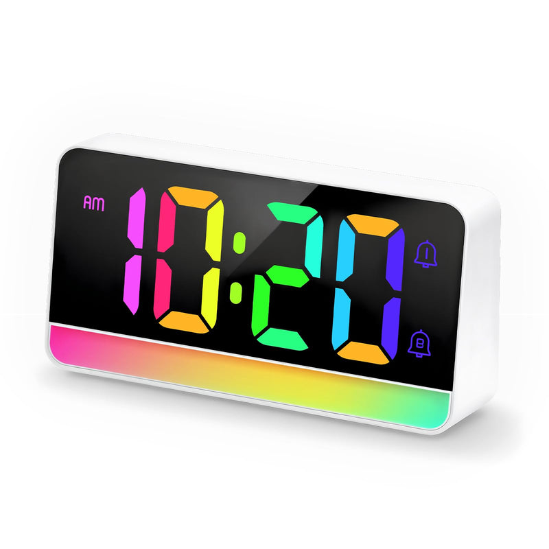 ALANAS Large RGB Digital Alarm Clock with Dynamic Color Changing Mood Lights, Dual Alarms, Snooze, Adjustable Volume & Brightness, DST, USB Ports, Bedrooms Clocks for Heavy Sleepers, Adults, Teens Rgb-white