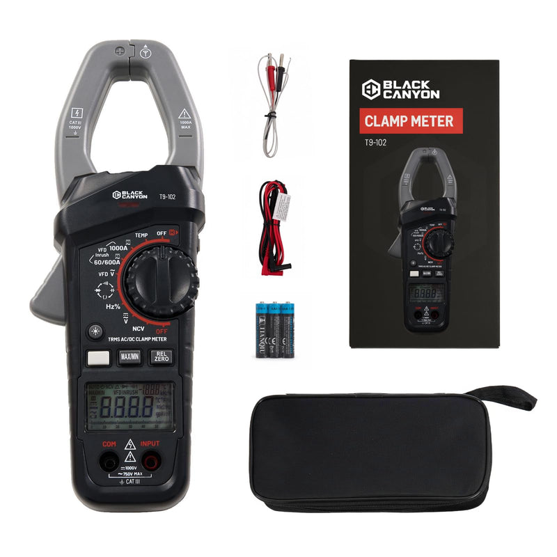 BLACK CANYON Digital Clamp Meter – TRMS AC/DC Clamp Multimeter 1000A, Amp Meter, DC Amp Meter, Inrush Current, Voltage, Resistance, Capacitance, Diode, Temp, NCV, Backlight LCD