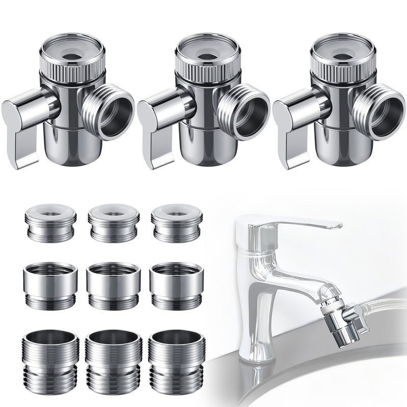 Dreyoo 3 Set Faucet Diverter Valve with Aerator include 55/64'', 15/16'', G1/2'' Hose Adapter, Each of Three, 3 Way Diverter Valve For Handheld, Garden Sink Faucet Splitter for Bathroom