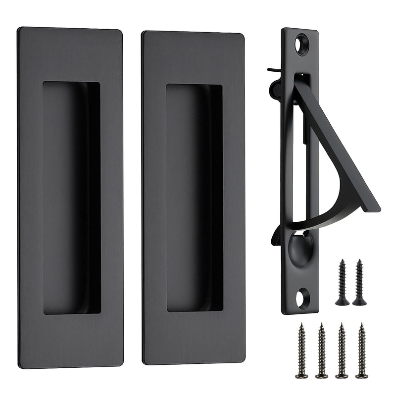 JOY DECOR 2 Pack 4.72" Pocket Door Handles + 1 Finger Edge Pull, Black Recessed Flush Rectangular Stainless Steel Hardware Set for Sliding Doors & Cabinets 4.72 inch