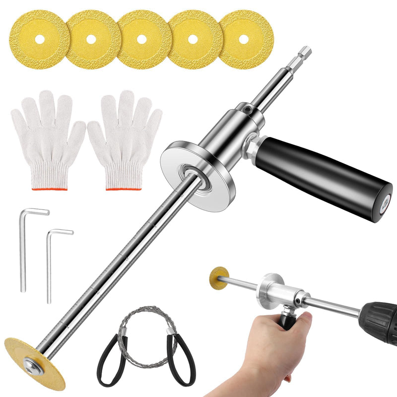 Inside/Internal Pipe Cutter for PVC Pipe, Professional PVC-ABS Pipe Cutter Tool with 7" Adjustable Depth Gauge, Stainless Handle, 5 Diamond Grit Cutting Blades, Gloves, 1/4" Hex Shank and Wire Saw