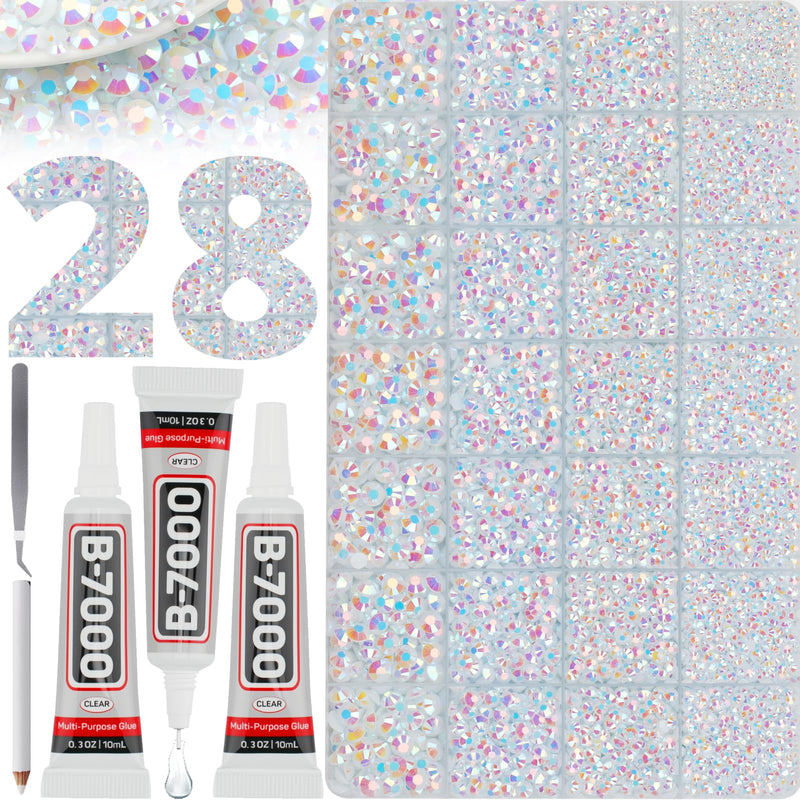36000Pcs White AB Rhinestones for Bedazzling Crafting, Gems Jelly White Diamond Crystal Bedazzle Kit, Resin Flatback Rhine Stone Jewel Flat Back 2-6MM and b 7000 Glue for Crafts Clothing Clothes Shoes Large Pack + 3Pcs Glue Jelly white AB 2-6mm