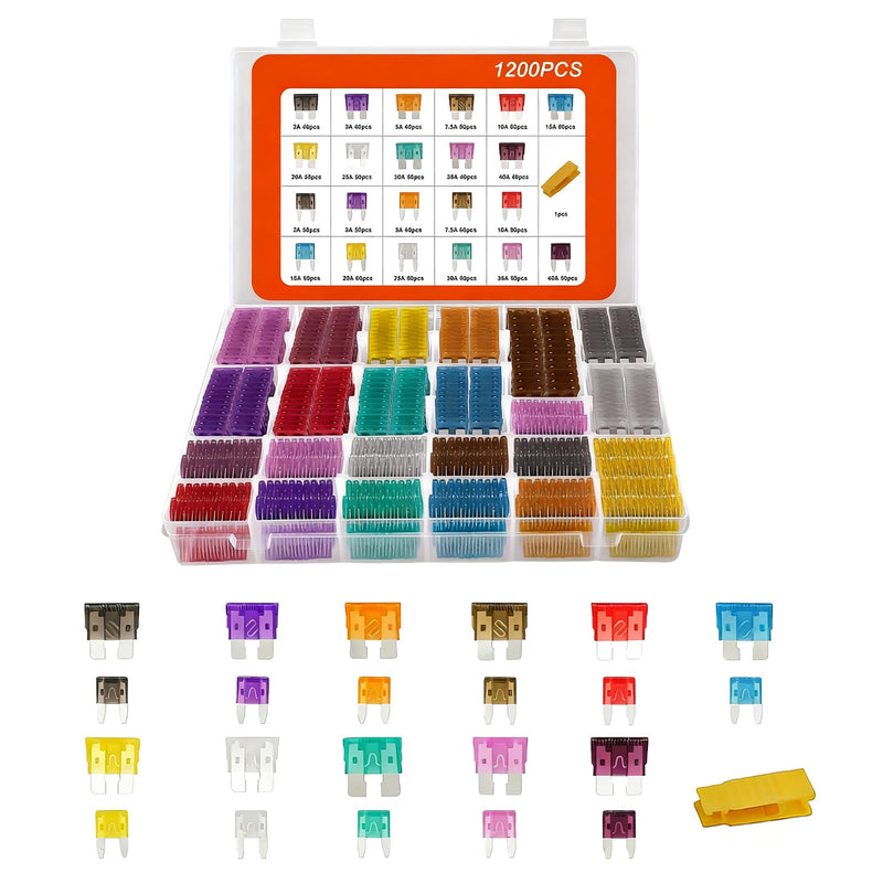 1200 Pcs Car Fuse kit - 520 Pcs Standard Fuses Assortment kit & 680 Pcs Mini Fuses, 1 Fuse Puller for Auto/RV/Truck/Motorcycle/Yacht (2A 3A 5A 7.5A 10A 15A 20A 25A 30A 35A 40A) 1200