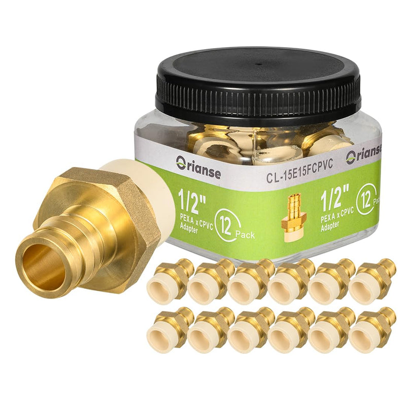 12 Pack 1/2" Pex-A x 1/2" CPVC Transition Adapter Heavy Duty Brass Barb PEX Fittings for for PEX-A and cPVC Pipe Connection,Lead-Free Brass NSF/ANSI 61 NSF 372 Certificate, ASTM F1960 1/2 inch F1960 to CPVC 12PACK