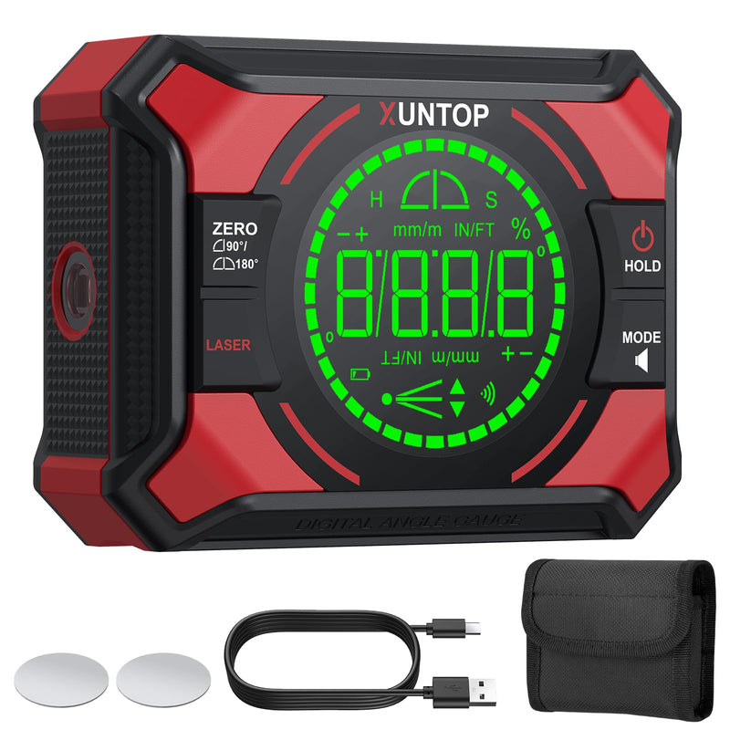 4x90/2x180°(0.01°) Digital Angle Finder with Dual Laser Digital Angle Gauge with Bottom and Back Magnetic Rechargeable Inclinometer with Digital Level Bubble (Class 2 Laser, <1mW Power Output)