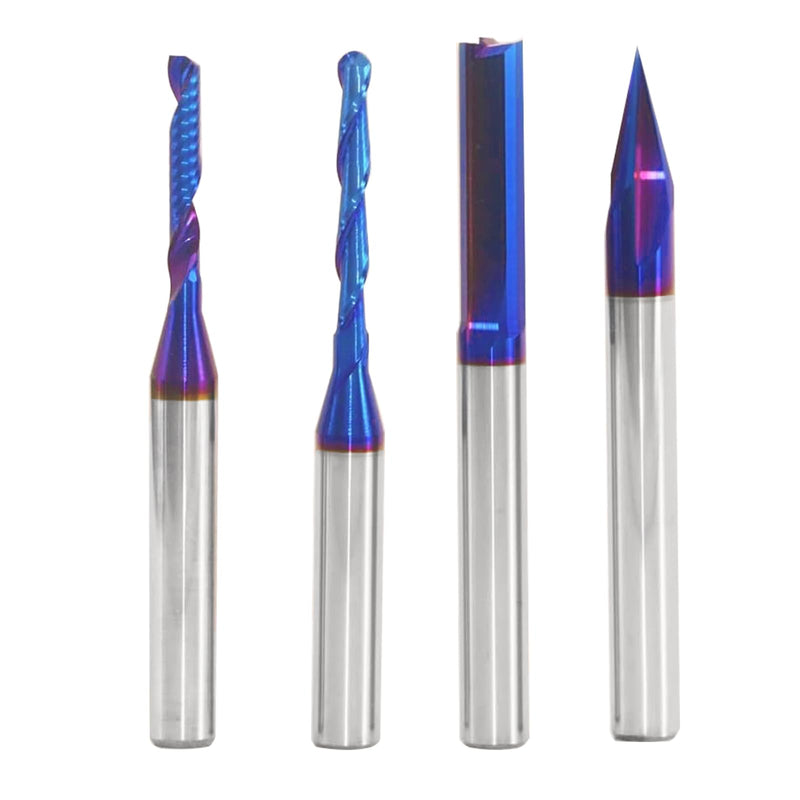 CNC Router Bit Set, 4-Piece Spiral Flute Collection, 1/4 Inch Shank, 30 Degree V-Groove, Ball Nose, Single O-Flute, Straight Cutting Bits VT233 V-Groove, Ball Nose, O-Flute, Straight Cutting Bits