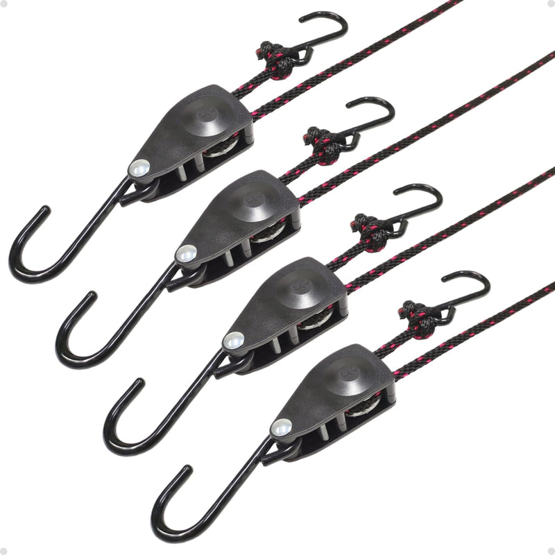 1/4" Tie Down Ratchet Straps: 4 Pack of Heavy Duty Kayak Storage Hangers - Ratcheting Cargo Straps for Various Hanging and Strapping 1/4" 4-Pack