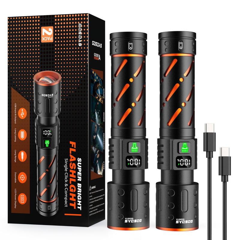 Rechargeable Flashlights High Lumens 100000 2 Pack, Super Bright 30W LED, Long Lasting 12H, Single Click 3 Modes, Multifunctional USB C Input Output LCD Power Display, for Camping Hiking Home