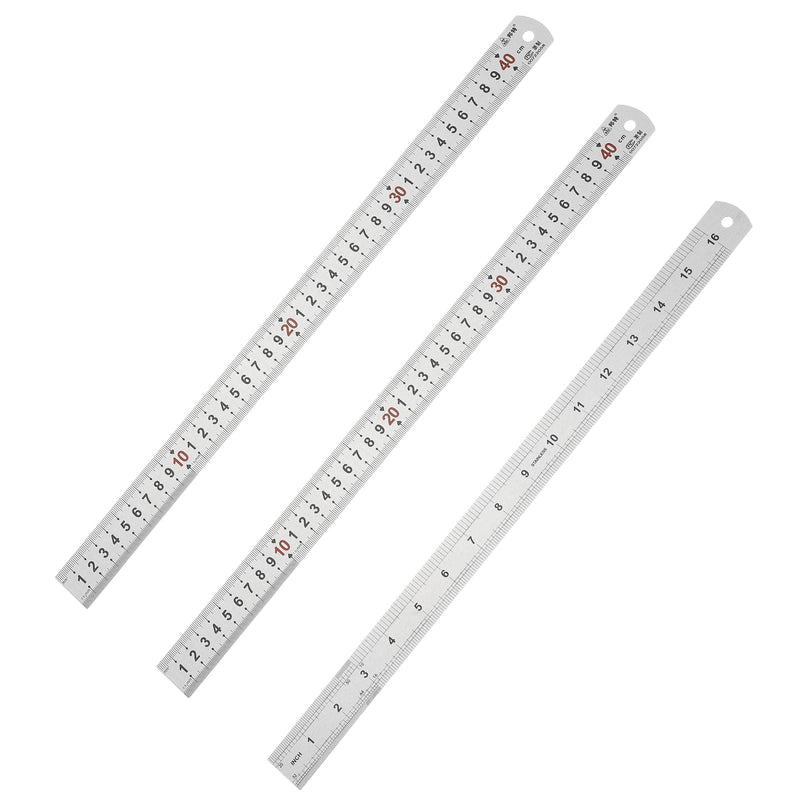 PATIKIL 40cm/16" Metal Straight Ruler, 3Pcs Stainless Steel Ruler Etching Process Inch Millimeter Graduations for Measuring Engineer Construction 43 x 2.9cm / 16.93 x 1.14"