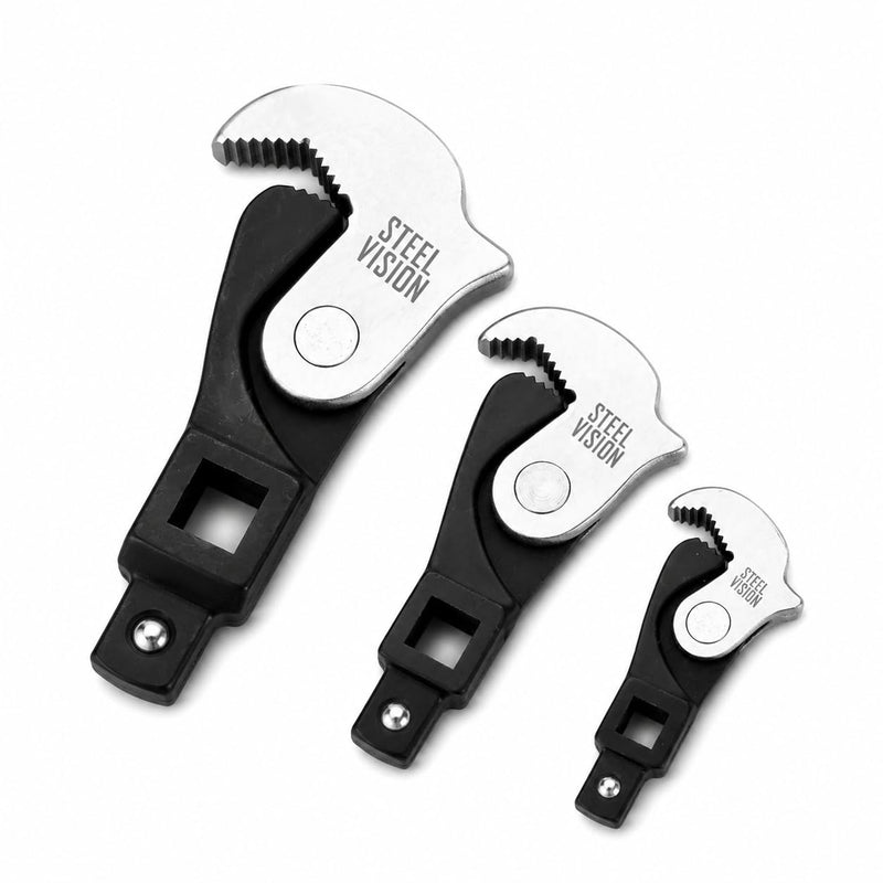 3-Piece Adjustable Crowfoot Wrench Set: Spring Loaded Auto Adjusting Wrench, 5–32mm (3/16"–1-1/4"), Self-Adjusting Universal Wrench, Male & Female Square Drives for Ratchet, Breaker Bar, Extension Bar 3pc (5-32mm)