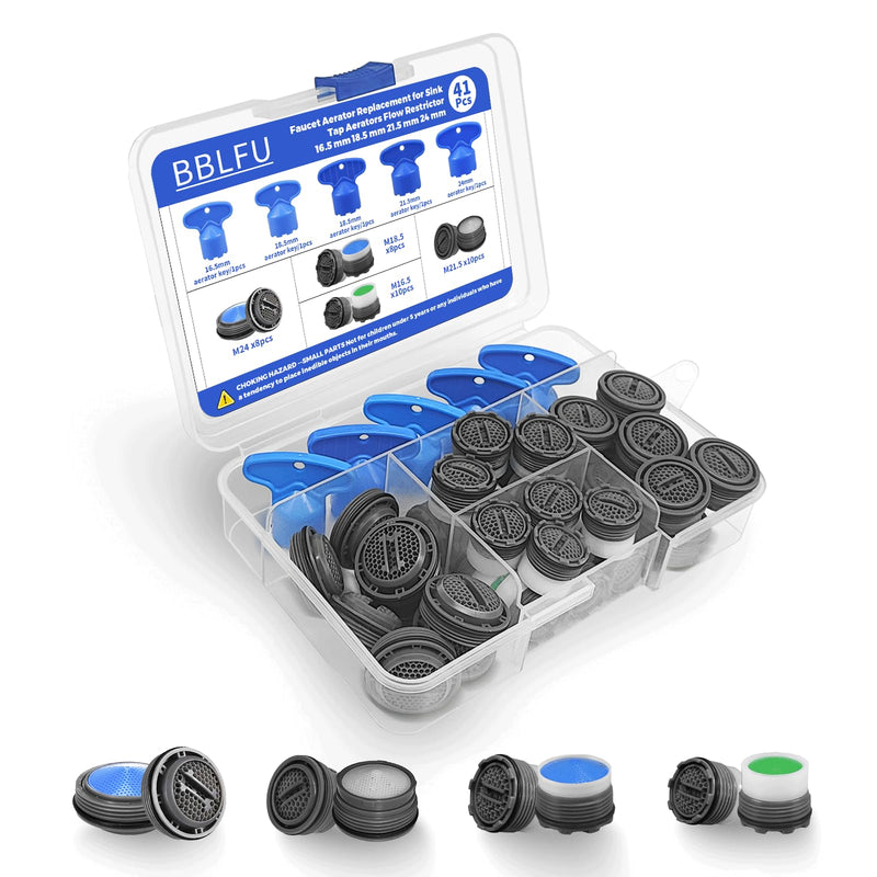 36Pcs Faucet Aerator Kit with 5 Sizes Aerator Key Removal Tools, Replacement Sink Tap Flow Restrictor Inserts for Bathroom and Kitchen, M16.5 M18.5 M21.5 M24 mm