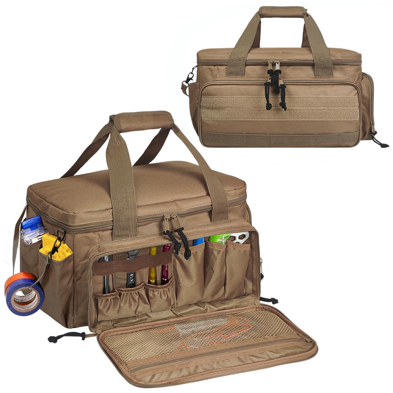 Multifunctional Tool Bag, Small Tactical Tool Bag, Electrician Gear Organizer for Men, Heavy Duty Nylon Work Pouch with Diverse Compartments, Portable Storage for Small Power Tools, Hand Tools, Brown