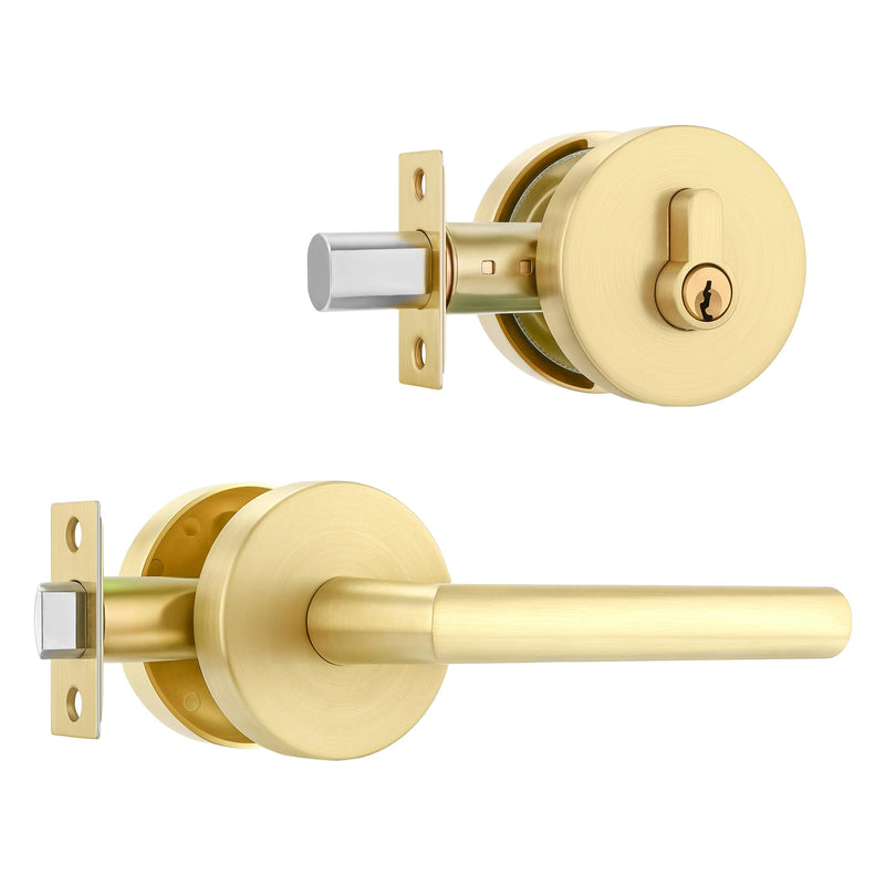 Leydebong 1 Pack Gold Front Door Locksets with Deadbolt, Satin Brass Door Handles, Combination Door Lock, Keyed Alike Exterior Door Lever Satin Brass - Keyed Alike Deadbolt Lock Set