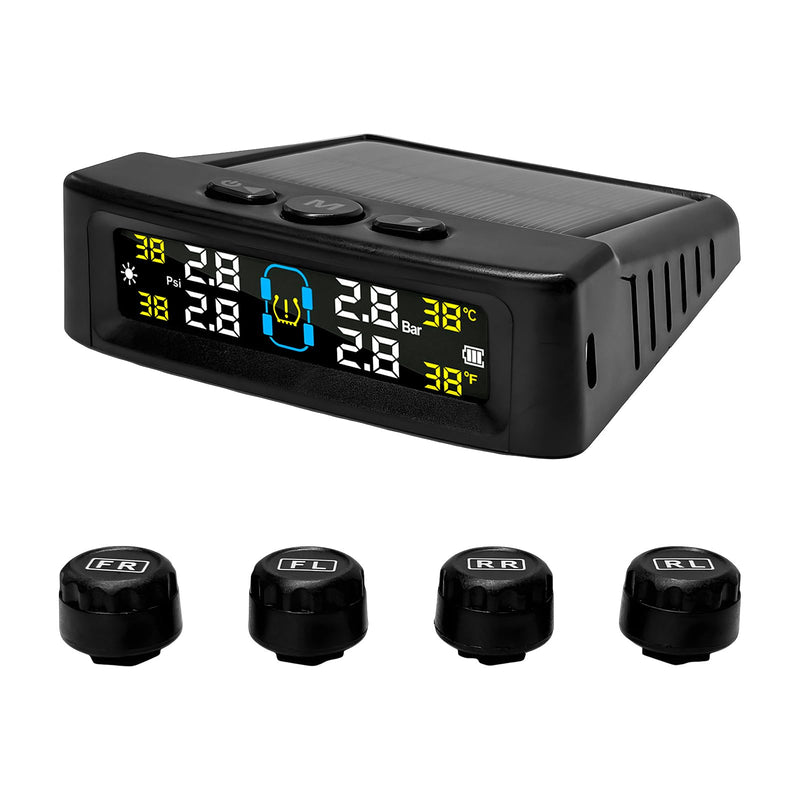 Tire Pressure Monitoring System, Tire Monitoring System with Solar & USB Charger, 4 External Sensors, 6 Alarm Modes, Auto On/Off Real-time LCD Display Tyre Pressure Monitor