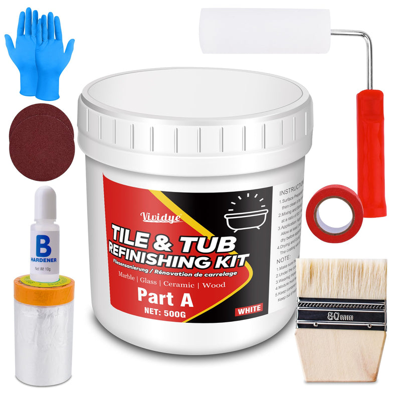 Tub and Tile Refinishing Kit, 17.6oz Tub Refinishing Kit with Complete Tools and Hardener, Tile Paint for Bathtub, Countertop, Sink, Floor, Wall, Kitchen, Gloss White, Waterproof ＆ Voc Free