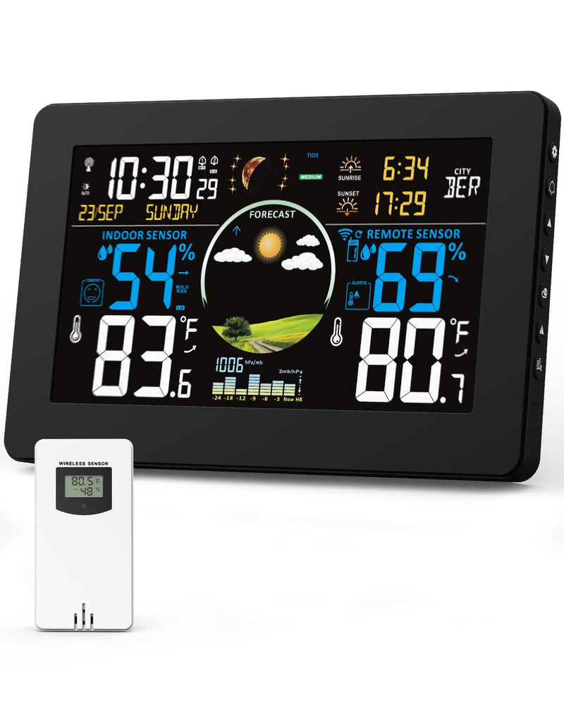 Weather Station Wireless Indoor Outdoor Thermometer, 7.5" VA Display with Remote Sensor, Home Weather Station with Weather Forecast, Temperature, Humidity, Atomic Clock, Moon Phase Black
