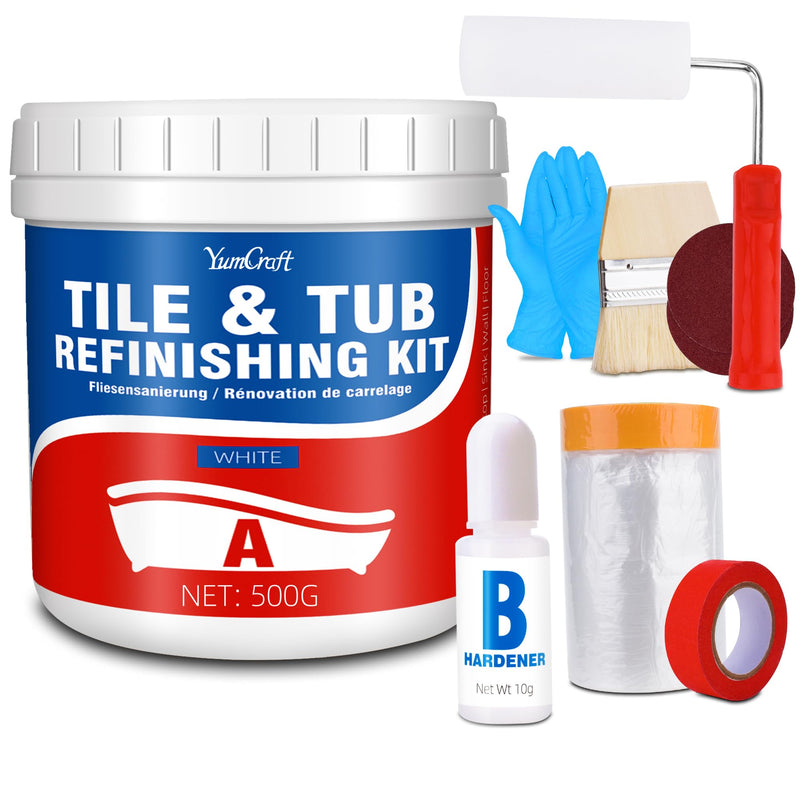 Tub and Tile Refinishing Kit, 17oz/500g Tile Paint with Tools and Hardener - Semi-Gloss White Bathtub Paint for Bathroom, Countertop, Wash Basin, Kitchen, Porcelain, Floor, Easy to Use, 25-30sq.ft 17 Ounce (Pack of 1)