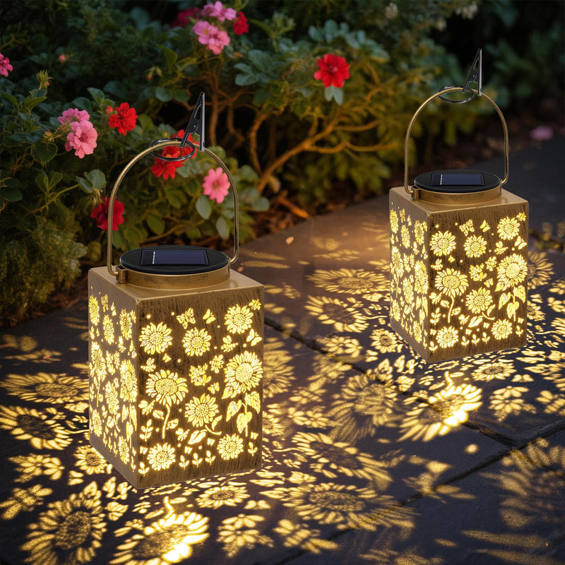 2 Pack Solar Lanterns - Waterproof Metal Hanging Solar Lights Outdoor Decorative, Solar Powered LED Lamp for Patio Tabletop Porch Deck Yard Garden Decor for Outside (Sunflower) Sunflower