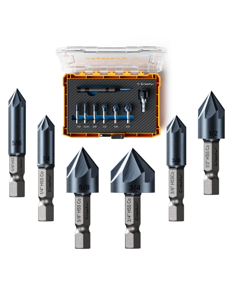 Crosstar Pro Cobalt Countersink Drill Bit Set, Titanium Aluminum Nitride Coated, 1/4" Hex Shank, 6-Piece (1/4" to 3/4") with Center Punch & Quick-Change Adapter for Metal, Stainless Steel