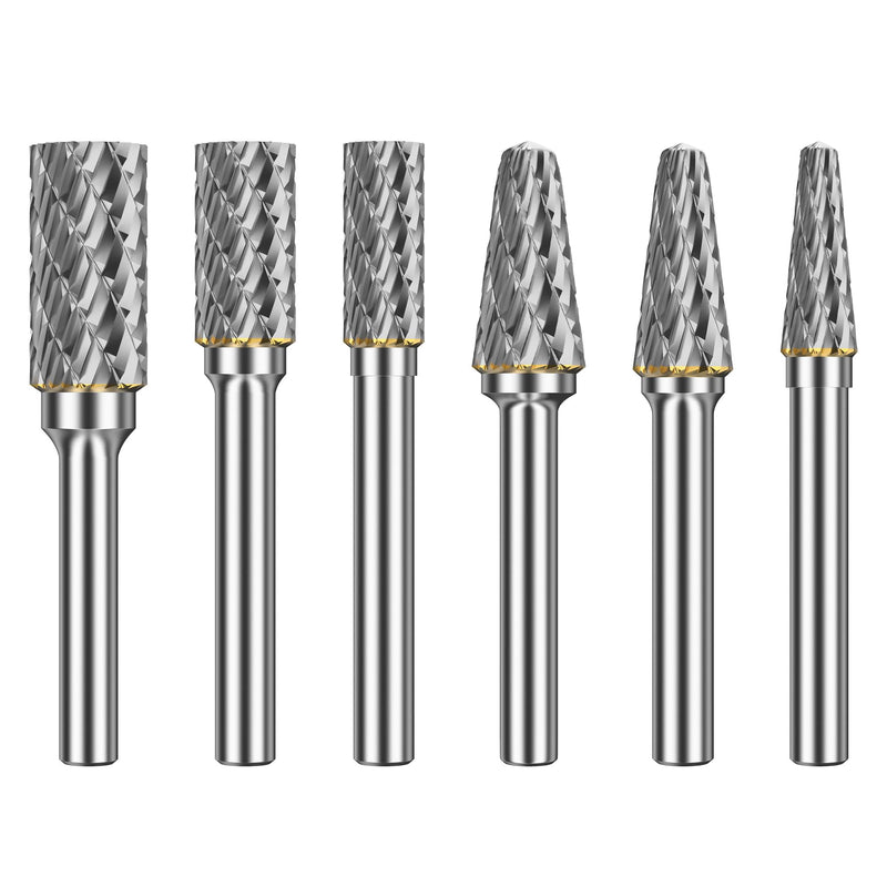 HUHAO Carbide Rotary Burr Set for Dremel, 6PCS Carbide Double Cut Carving Burr Bits with 1/4" Shank Rotary Tool Accessories for Woodworking, Engraving, Drilling, Steel Metal Working 6pc-C Silver