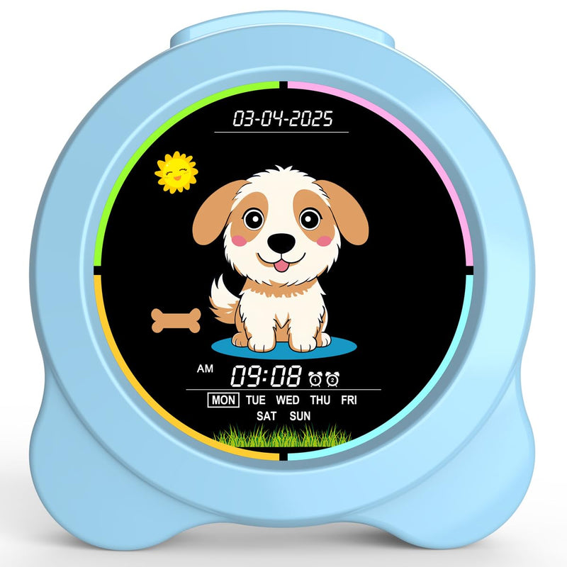 Kids Alarm Clock Sun & Moon& Dog LED Display with Day & Date OK to Wake Clock with Night Light for Kids Children's Sleep Trainer Gift for Boy and Girls Gog Blue