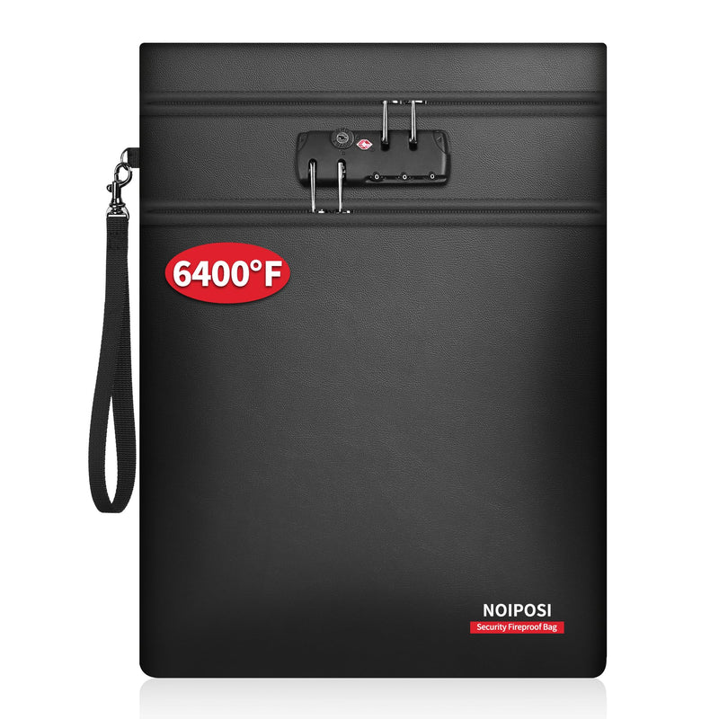 Noiposi 6400℉ Fireproof Document Bag with Lock,Dual-Zip Compartments 15x11 inch Fireproof Bag for Legal Letter Documents,12 Layers Heat Insulated Fireproof Waterproof Document Bag for Valuables Black