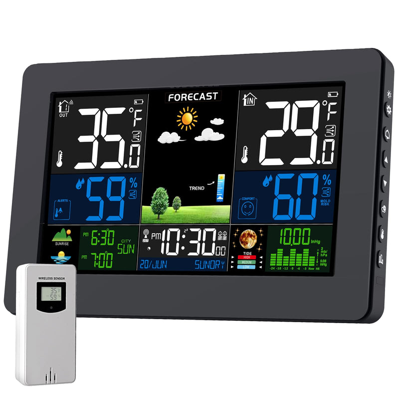 Weather Station Wireless Indoor Outdoor Thermometer, Digital Thermometer with Remote Sensor, Large Display Home Weather Stations with Weather Forecast, Atomic Clock, Barometric Pressure, Moon Phase Black XL