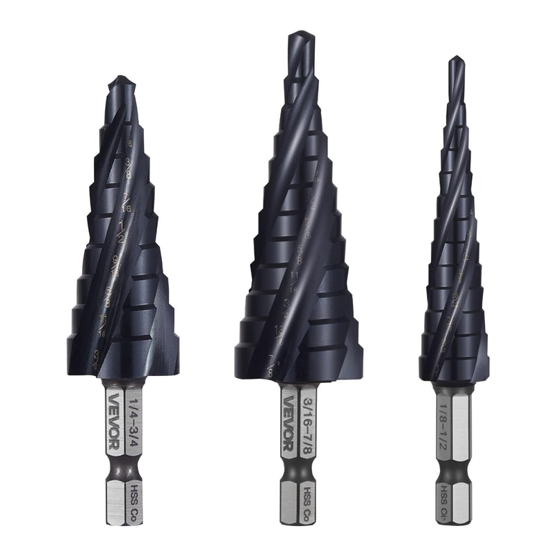 VEVOR Step Drill Bit Set, 1/8-7/8 inch, 3 Pieces Step Drill Bits, 1/4 inch Hex Shank, TiAlN Coating Cobalt HSS High Speed Steel, for Metal, Stainless Steel, Aluminum, Wood, Plastic, Fiberglass 1/8-7/8" (3-Piece Set)