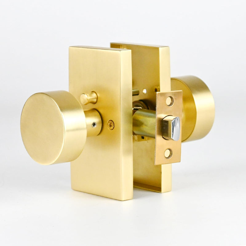 Brushed Satin Brass Golden Privacy Door Knob with Reversible Keyless Push Lock Modern Rectangle Interior Handle for Bedroom Bathroom, Heavy Duty & Easy Installation (Golden Long Plate Lock) Golden Long Plate Lock