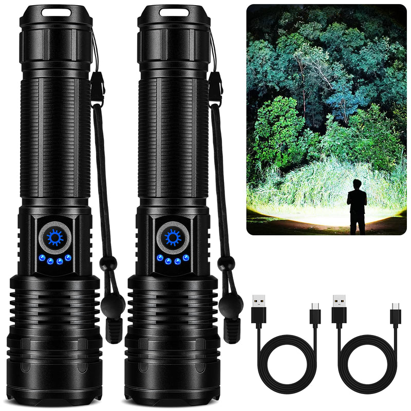 Flashlight Rechargeable 99,000 High Lumen, 2 Pack Super Bright Rechargeable Flashlights for Home, 15H Long Life LED Flash Light with 5 Light Modes, IPX7 Waterproof for Outdoor, Camping, Hiking