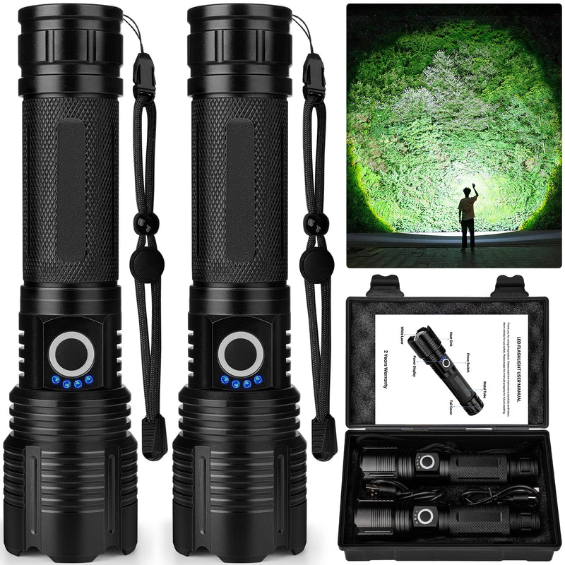 2 Pack Flashlight Rechargeable 99,000 High Lumen, Super Bright Rechargeable Flashlights for Home, 15H Long Life LED Flash Light with 5 Light Modes, IPX7 Waterproof for Outdoor, Camping