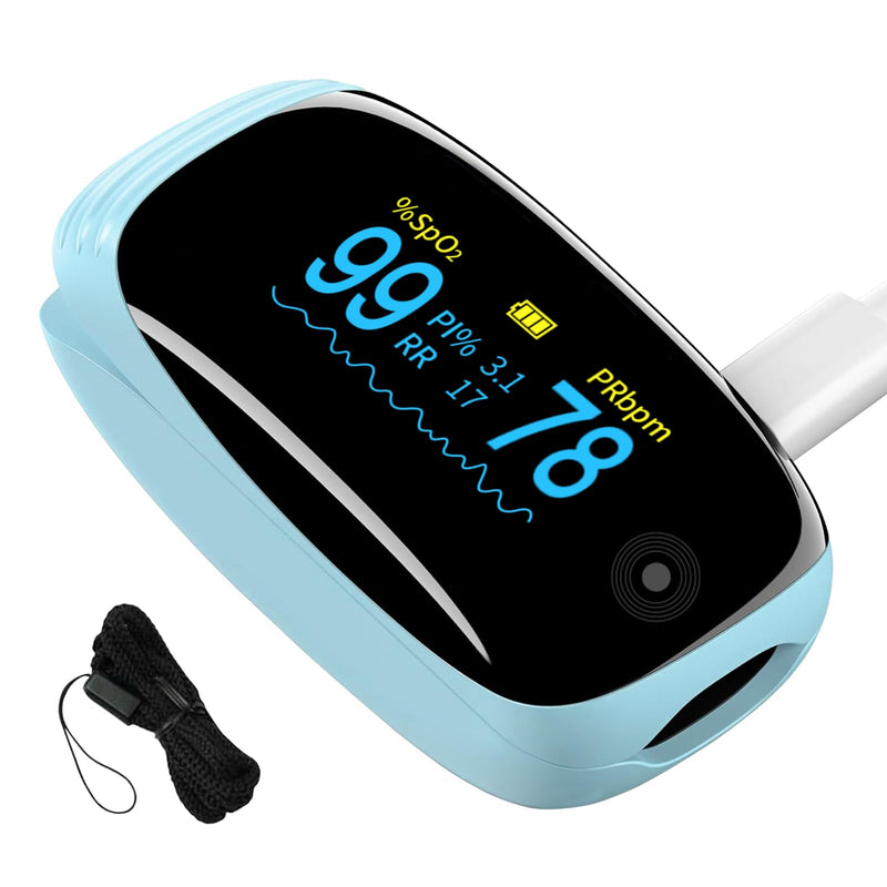 Fingertip Pulse Oximeter, Ox with Respiration Rate Monitoring, Heart Rate, PI & RR Measurements, Fast Spo2 Reading Rechargeable Blood Oxygen Monitor with OLED Display, 6 View Modes & 4-Direction Rotation(Blue）