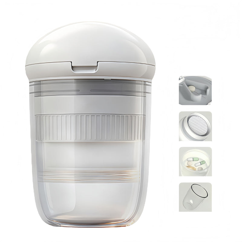 Multifunctional Pill Box, 4-in-1 Pill Organizer with Pill Cutter, Crusher & Water Cup, Compact Pill Case for On-The-Go Use (White) White